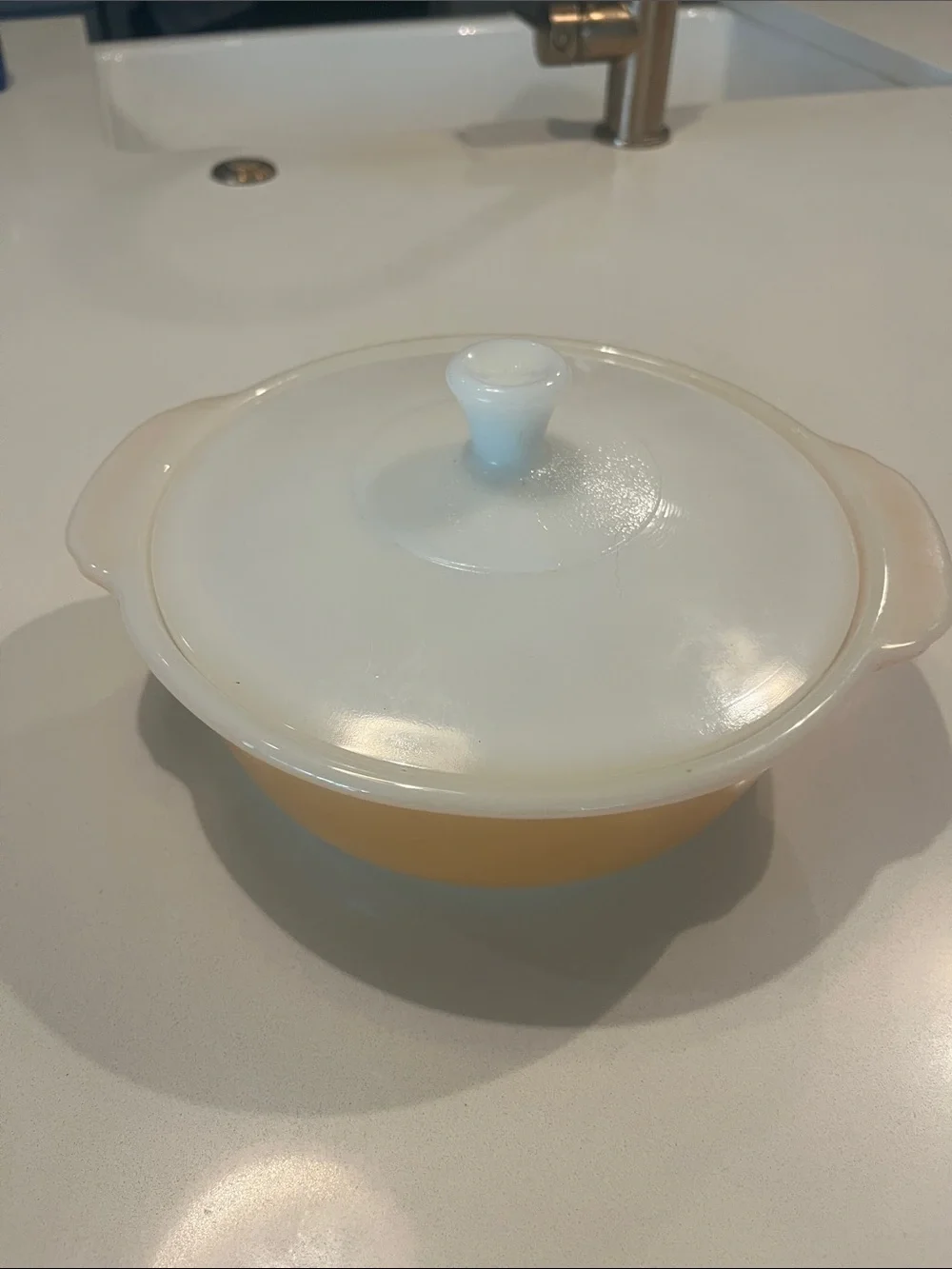 Vintage-Style Fire-King Peach Lustre Covered Casserole Dish with White Lid